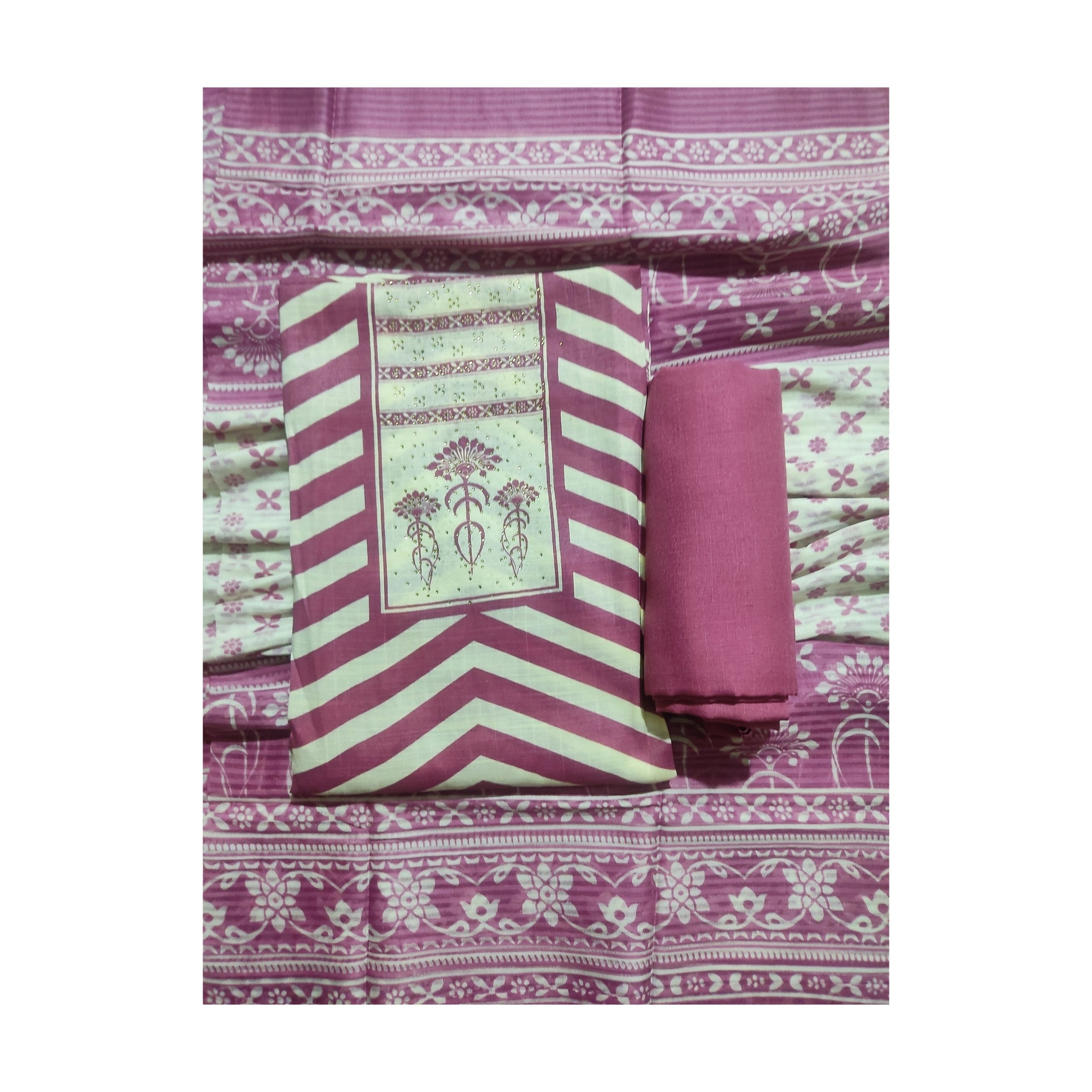 Aansh Fashion Pink & Off-White Chevron Printed Cotton Unstitched Suit Set