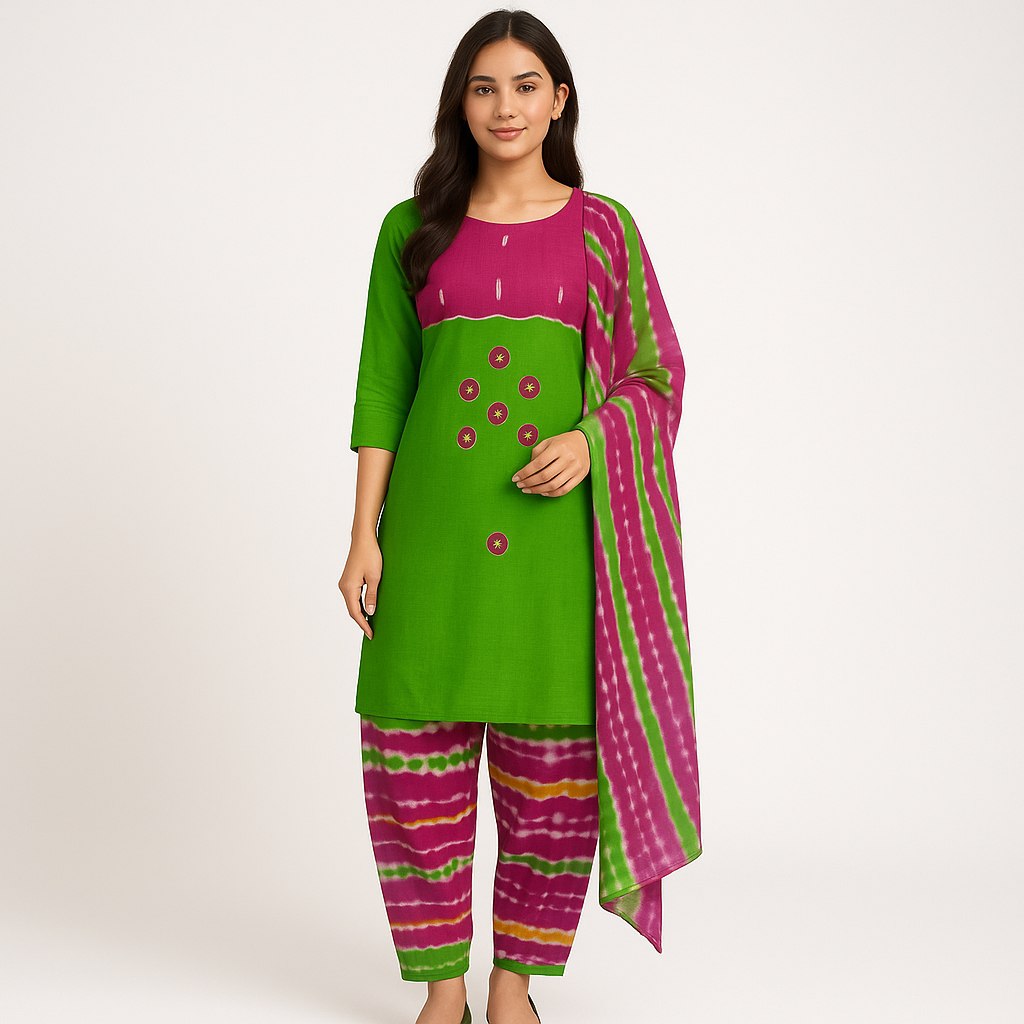Aansh Fashion Pink & Yellow Bandhani Tie-Dye Cotton Suit Set
