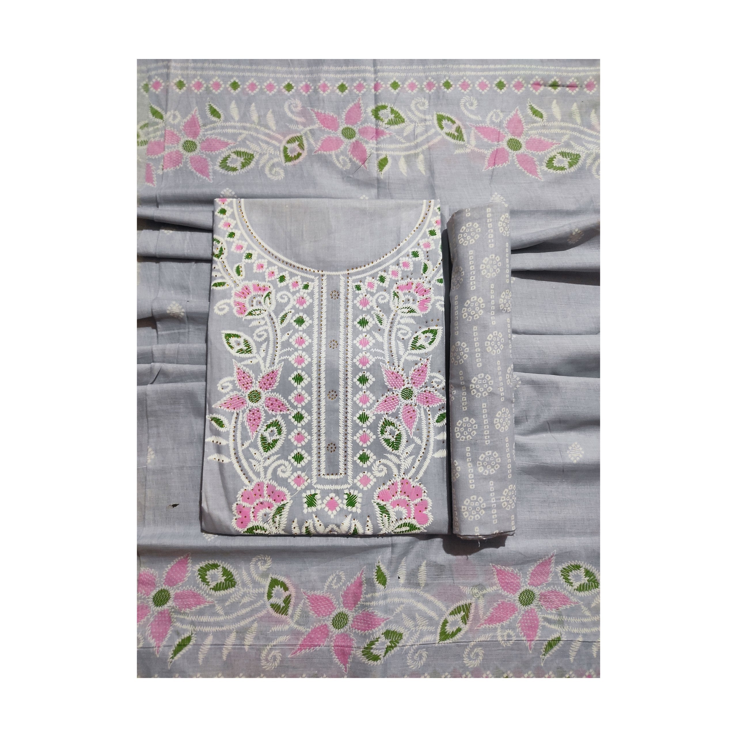 Aansh Fashion Grey & Pink Embroidered Floral Cotton Unstitched Suit Set