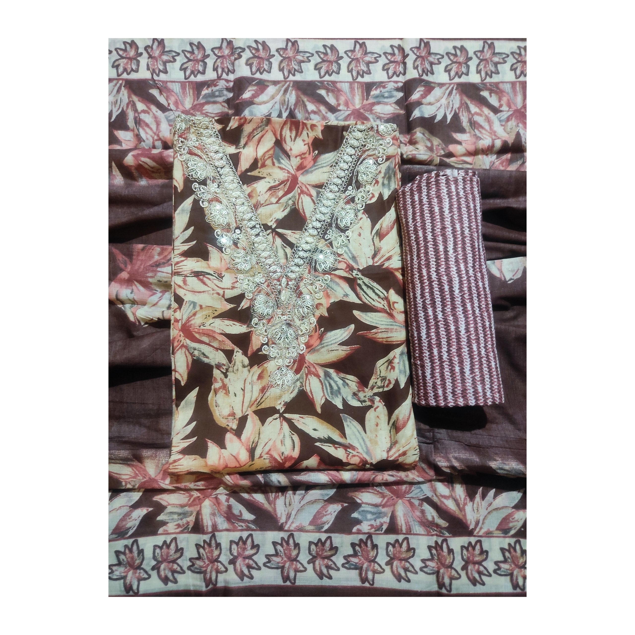 Aansh Fashion Brown Floral Cotton Embroidered Suit Set