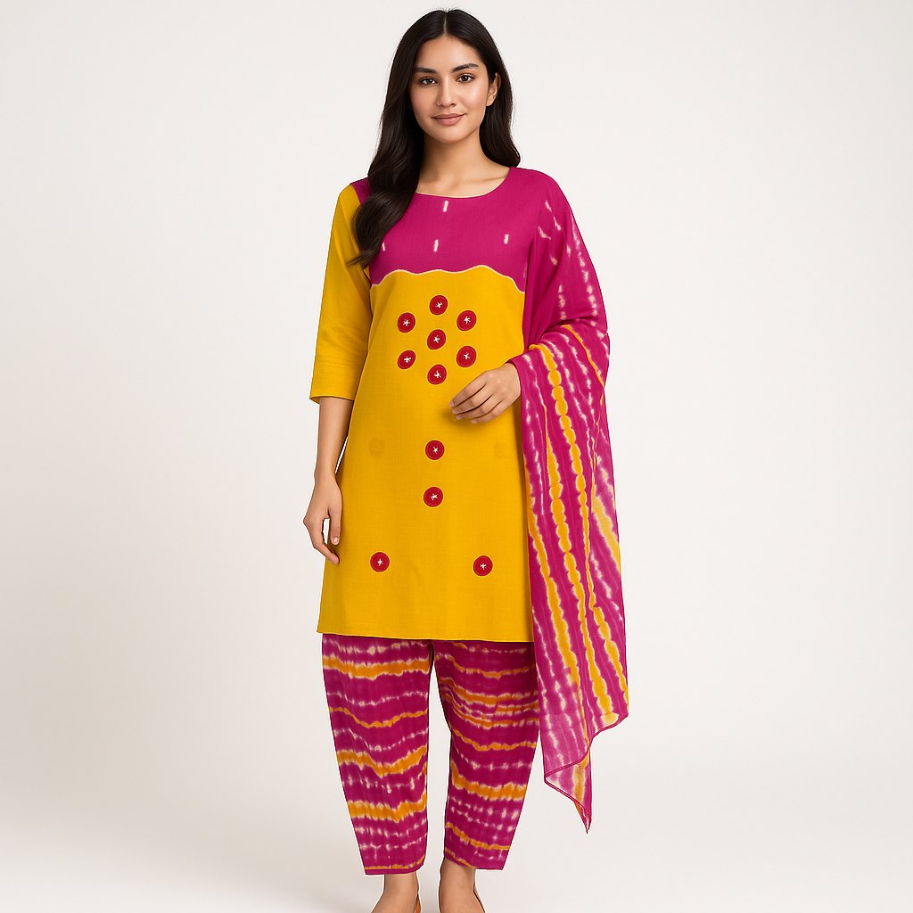 Aansh Fashion Pink & Yellow Bandhani Tie-Dye Cotton Suit Set