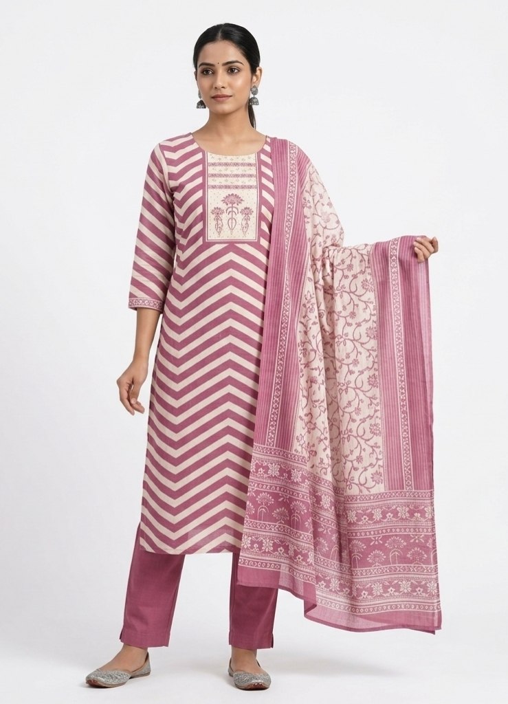 Aansh Fashion Pink & Off-White Chevron Printed Cotton Unstitched Suit Set