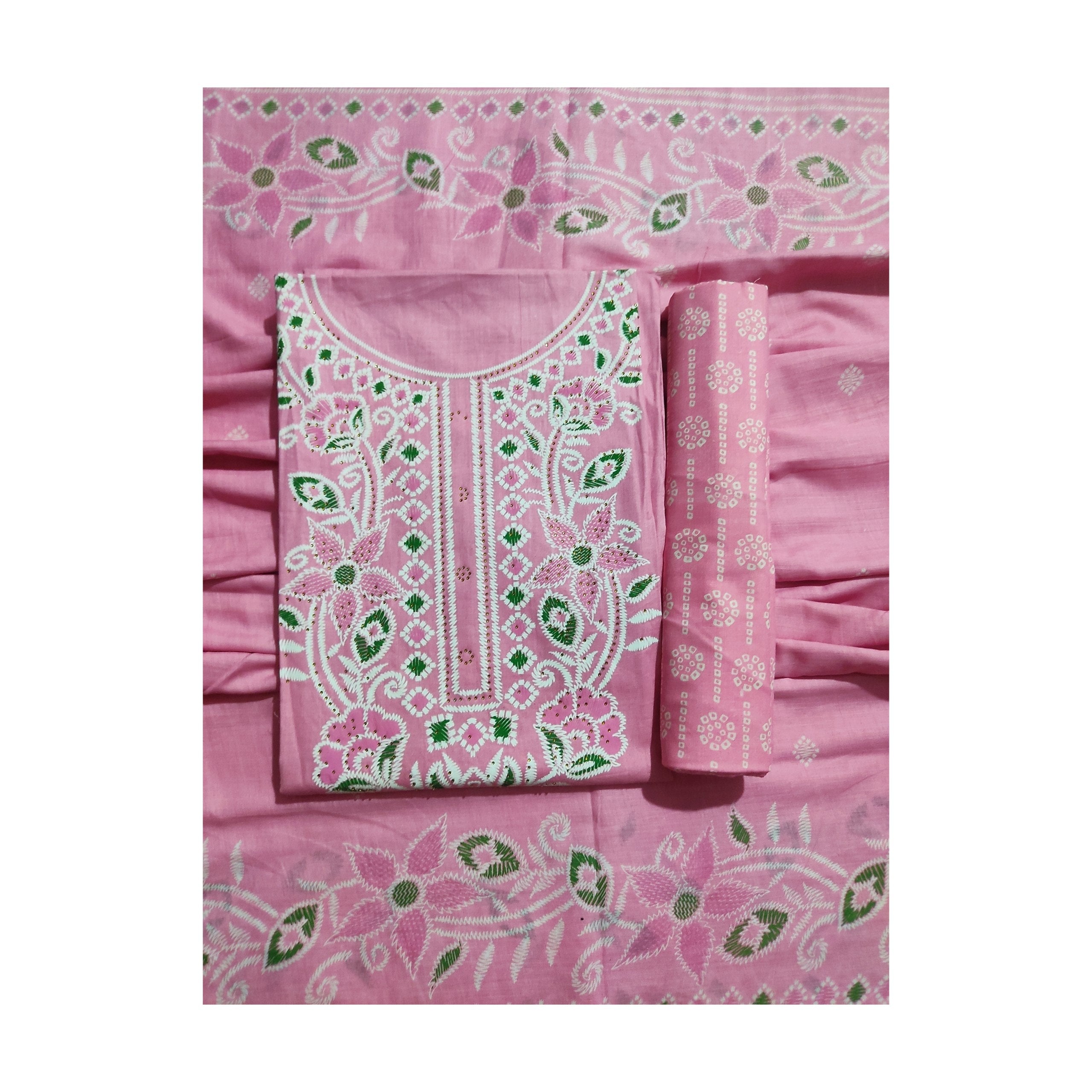 Aansh Fashion Grey & Pink Embroidered Floral Cotton Unstitched Suit Set