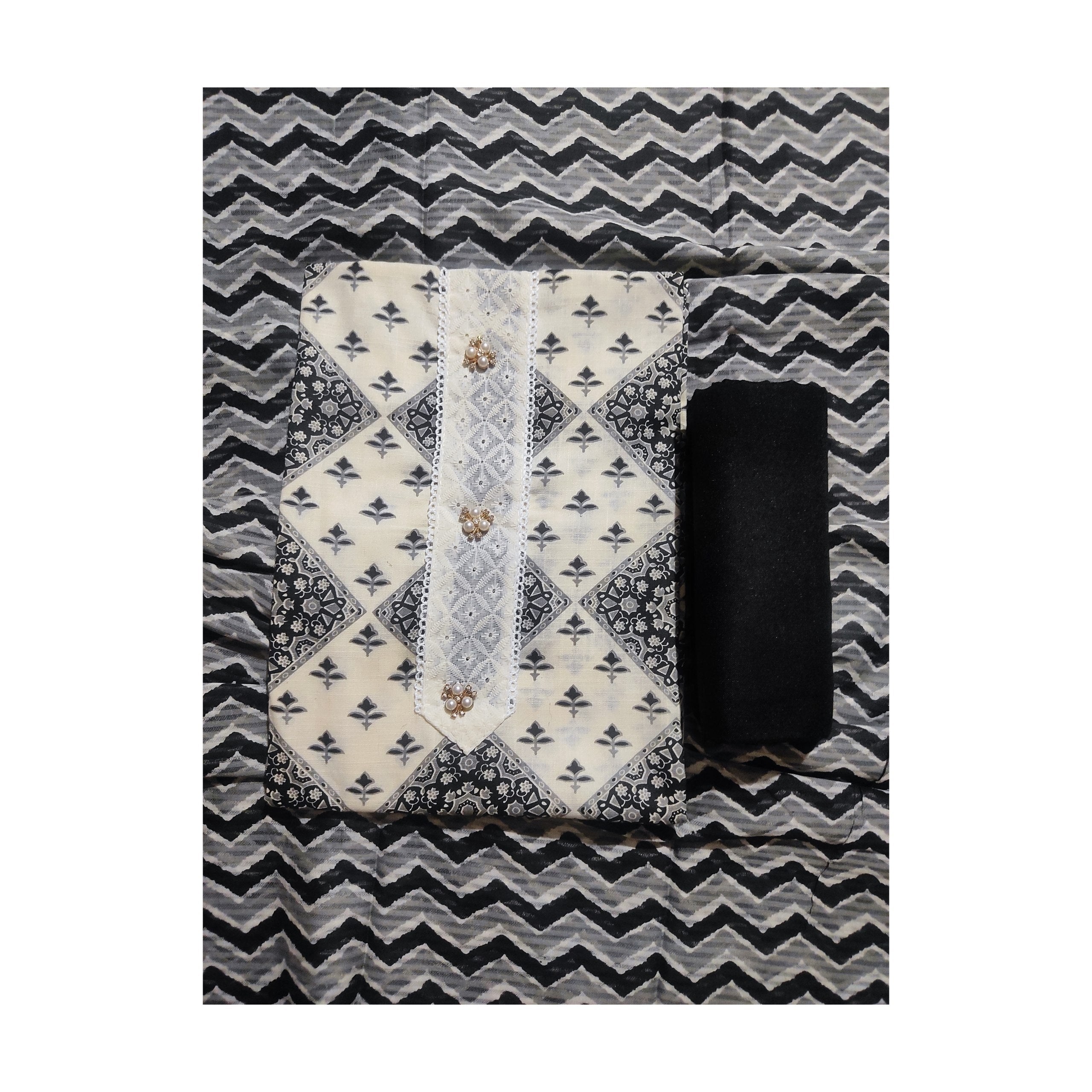 Aansh Fashion Black & Off-White Geometric Printed Cotton Unstitched Suit Set