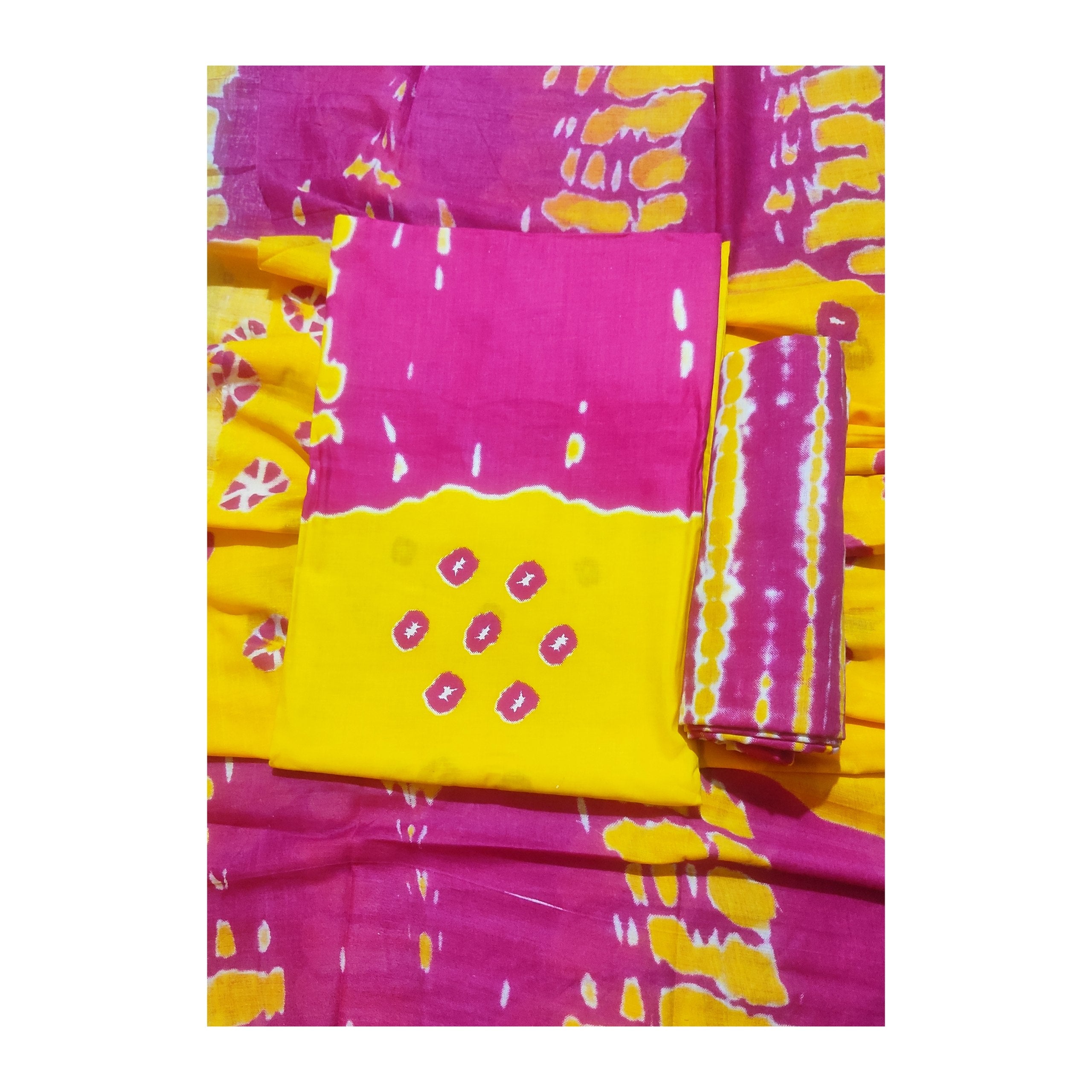 Aansh Fashion Pink & Yellow Bandhani Tie-Dye Cotton Suit Set