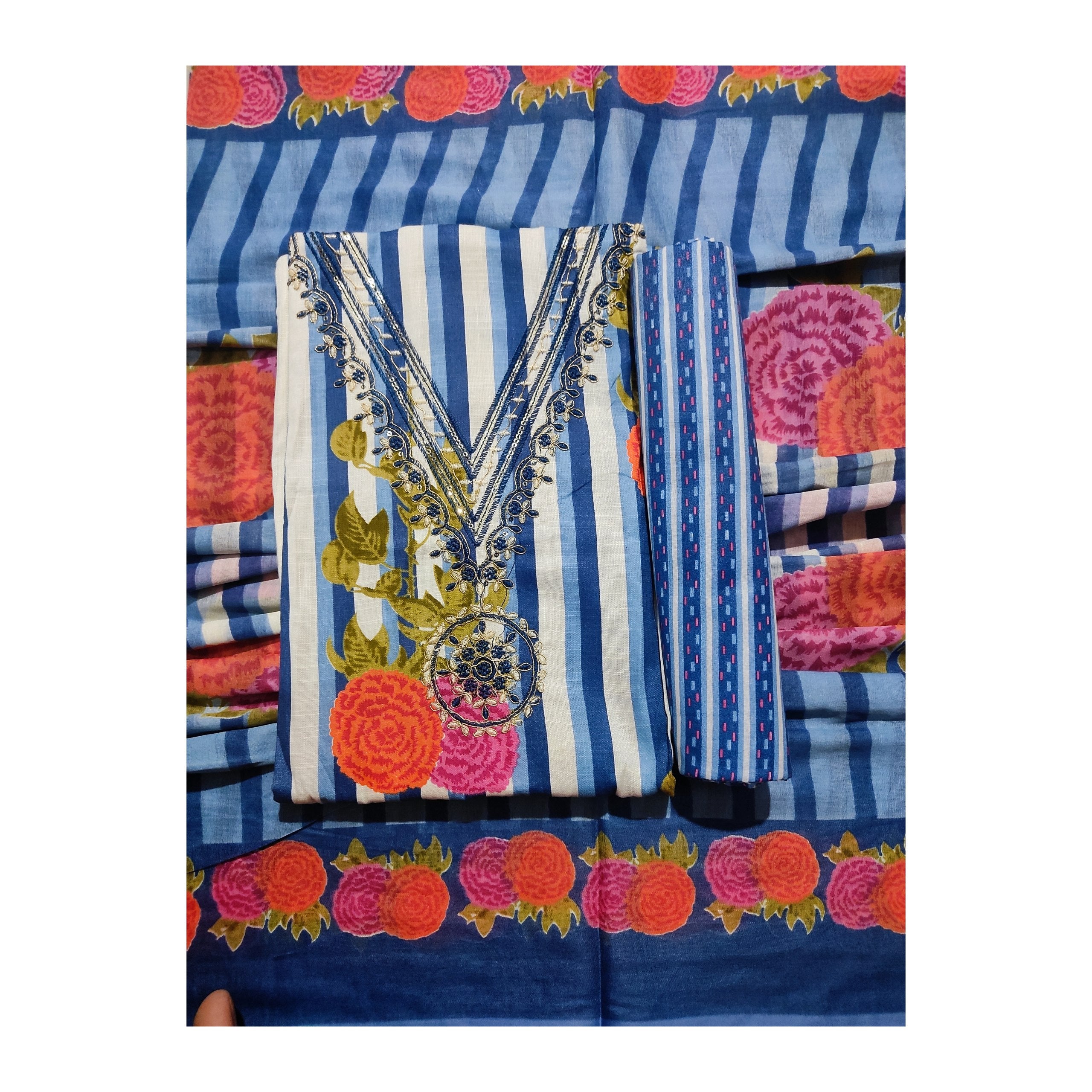 Aansh Fashion Blue Floral Embroidered Cotton Dress Material