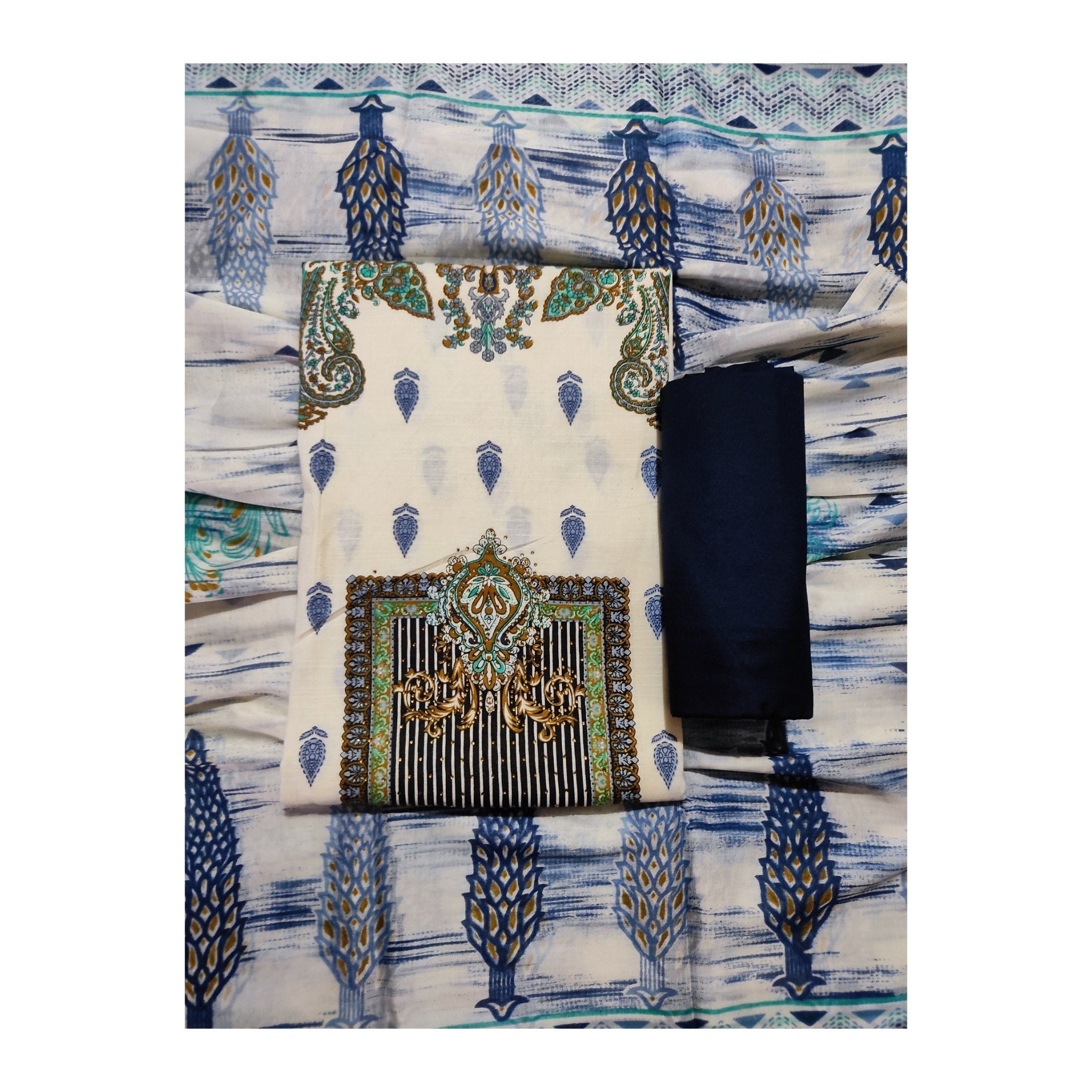Aansh Fashion Premium Cotton Dress Material Set – Cream & Navy Blue Print
