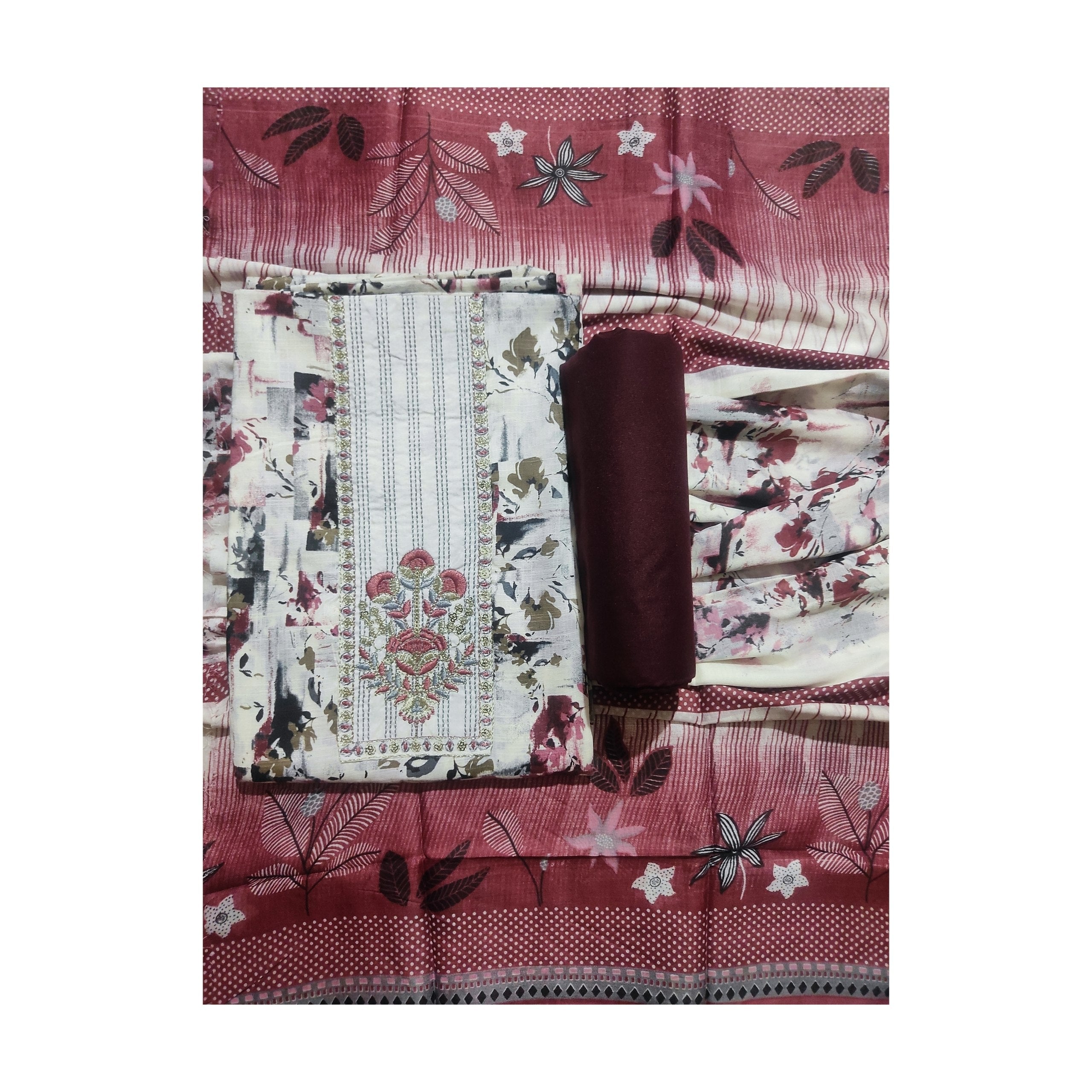 Aansh Fashion Maroon & Cream Floral Printed Cotton Unstitched Suit Set