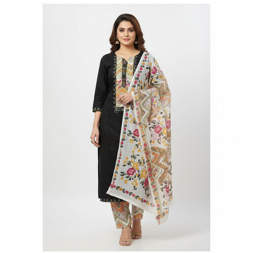 Aansh Fashion Black Embroidered Floral Printed Cotton Suit Set