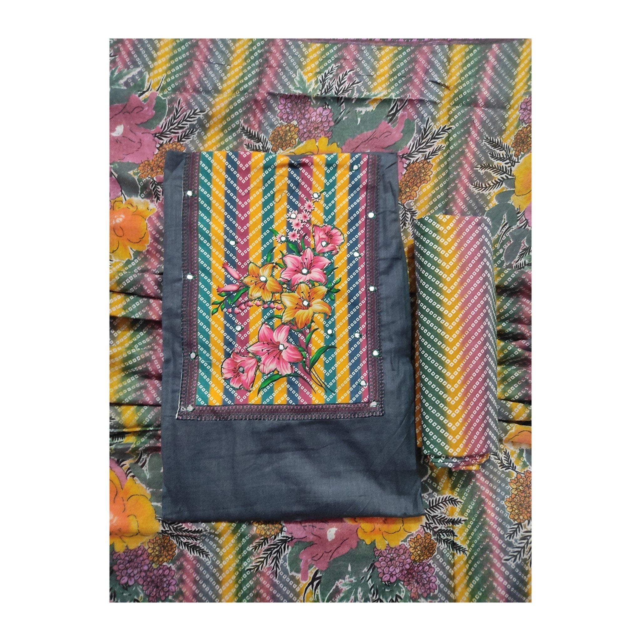 Aansh Fashion Grey Bandhani & Floral Printed Cotton Suit Set