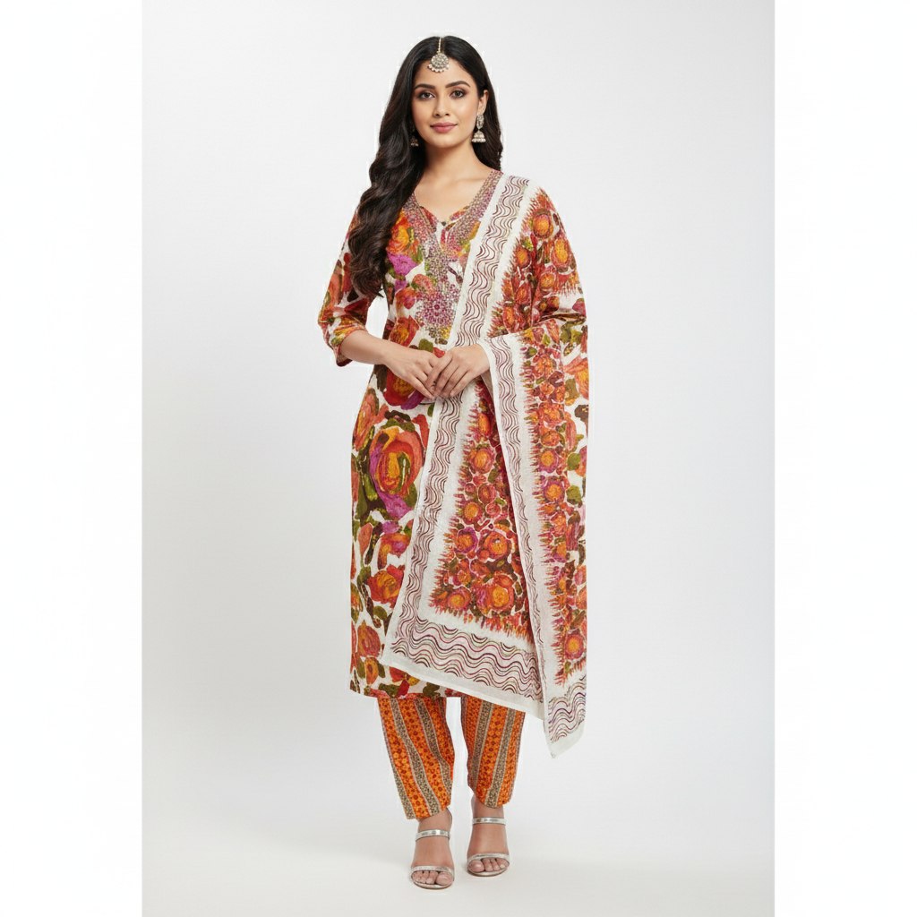 Aansh Fashion Multicolor Abstract Floral Cotton Unstitched Suit Set