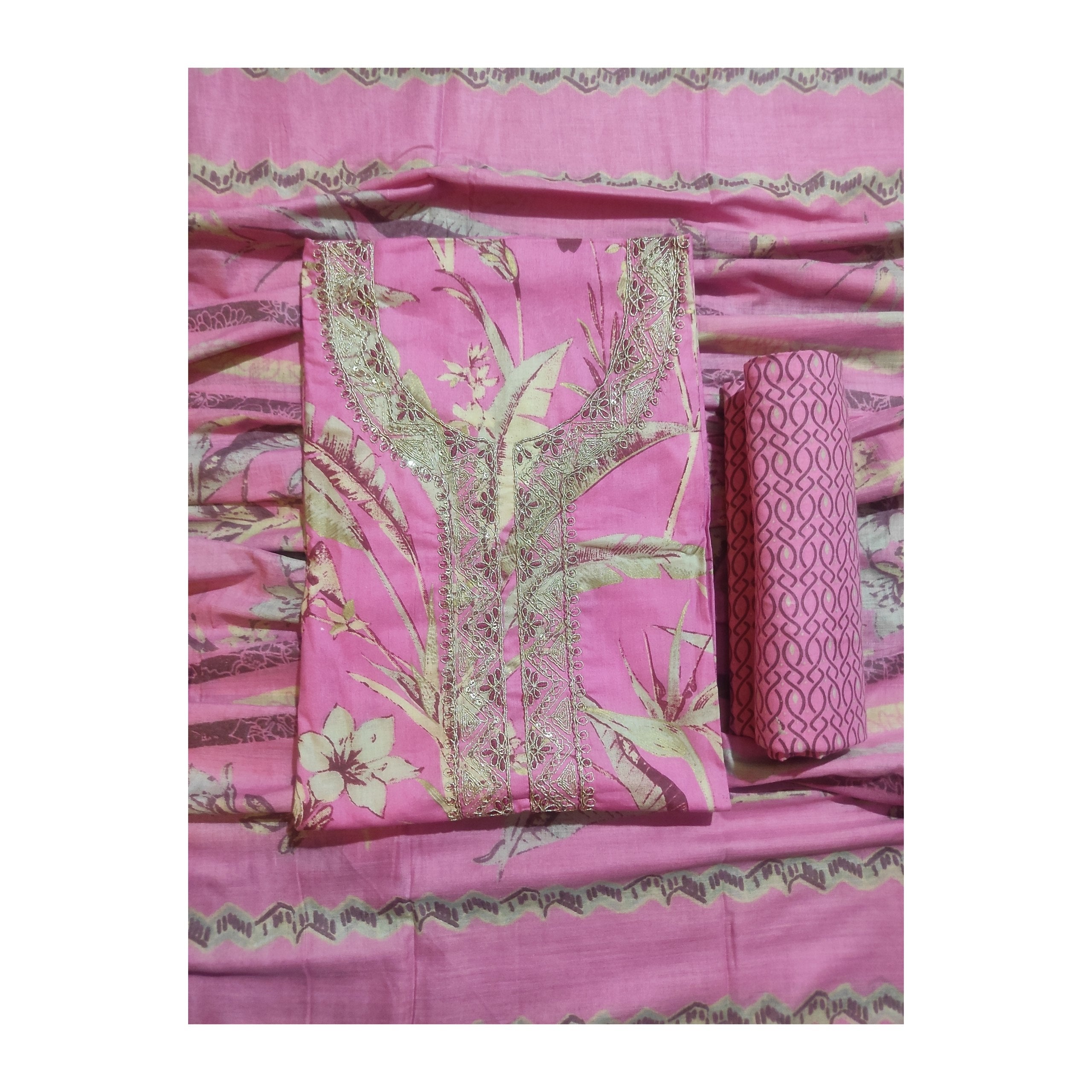 Aansh Fashion Pink Floral Printed Cotton Embroidered Suit Set