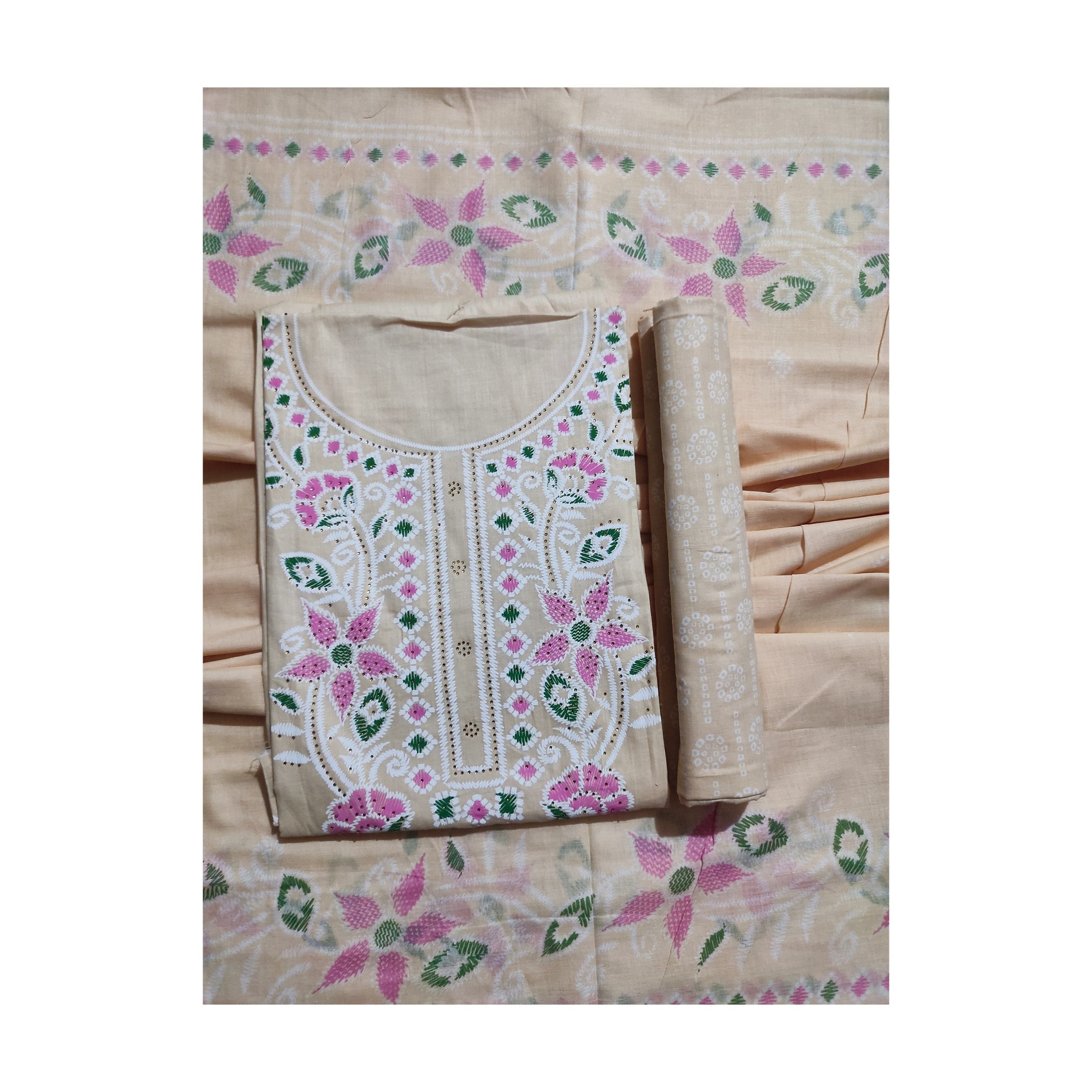Aansh Fashion Grey & Pink Embroidered Floral Cotton Unstitched Suit Set