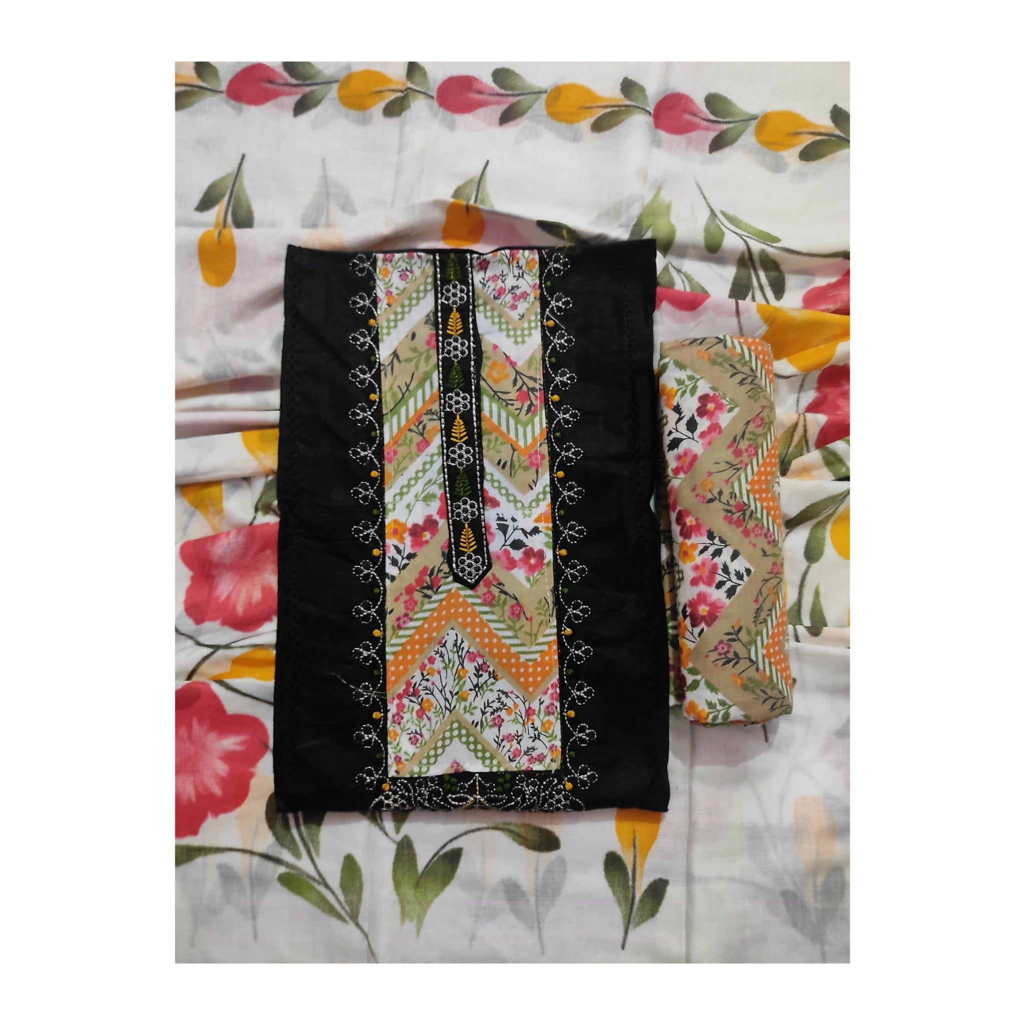 Aansh Fashion Black Embroidered Floral Printed Cotton Suit Set