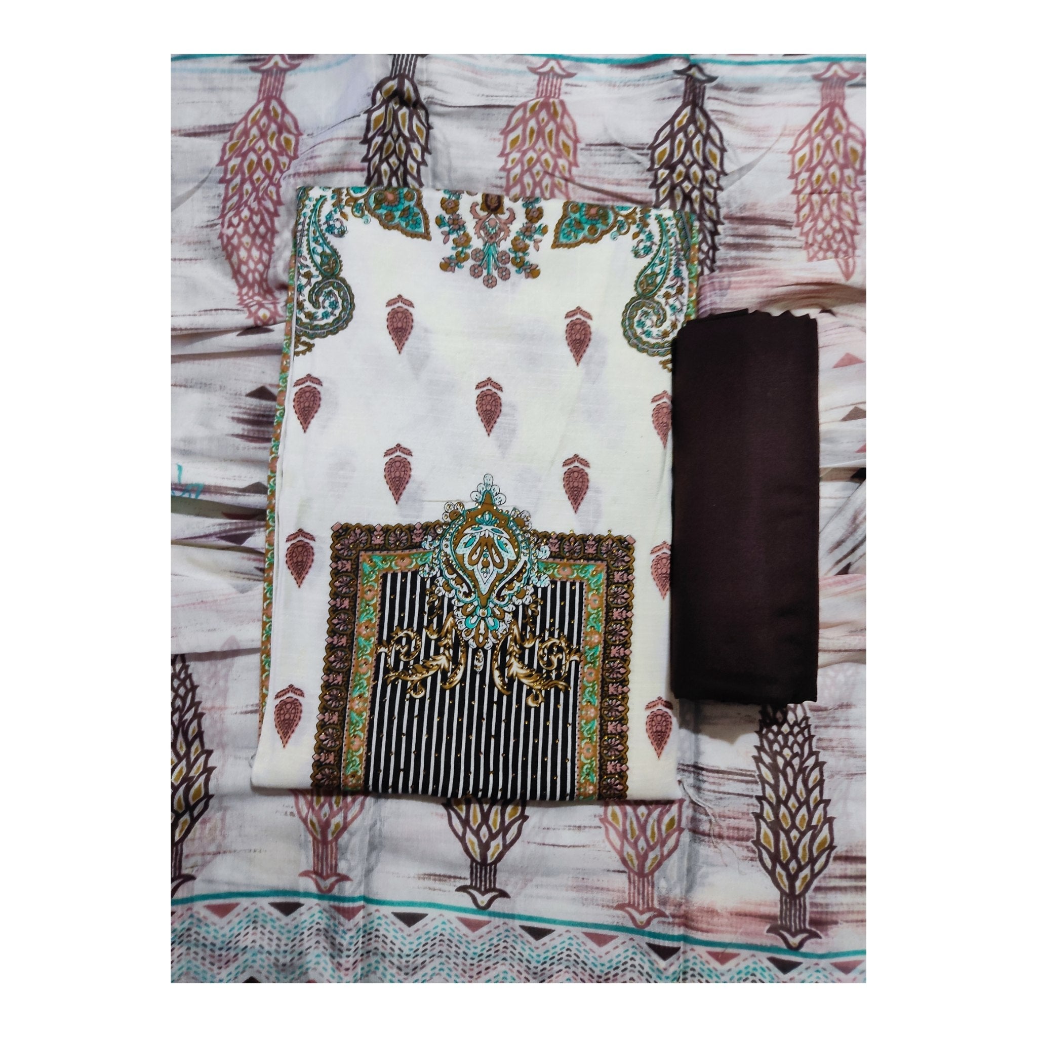 Aansh Fashion Premium Cotton Dress Material Set – Cream & Navy Blue Print